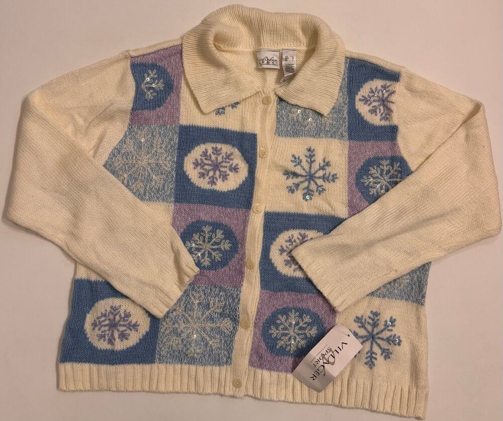 NWT Vtg Villager Sport Women's Sequin Snowflake Button Front Sweater Size L